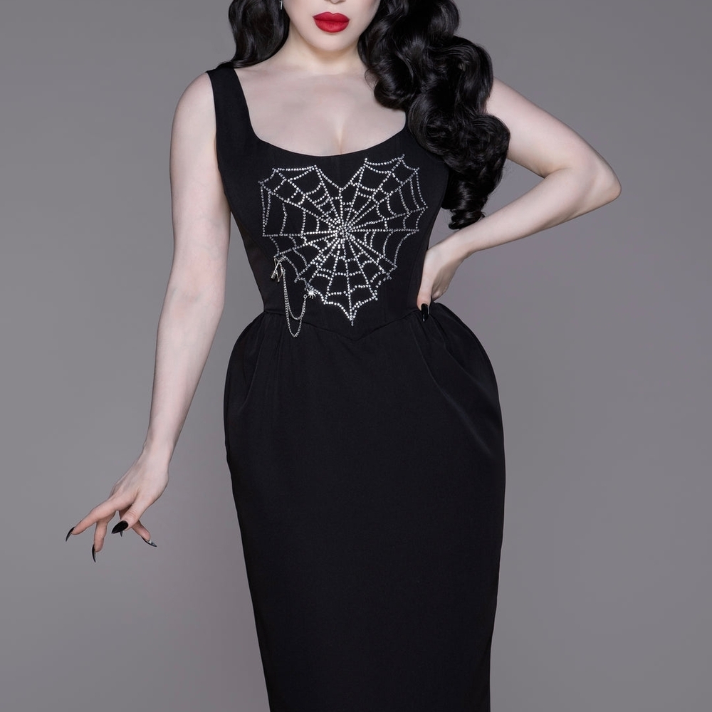 WeaselWear VintageBlack Sleeveless Wiggle Dress with Rhinestone Spiderweb Detail